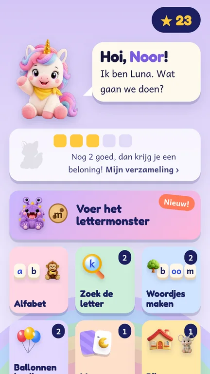 Letterpret: startscherm met Luna de eenhoorn